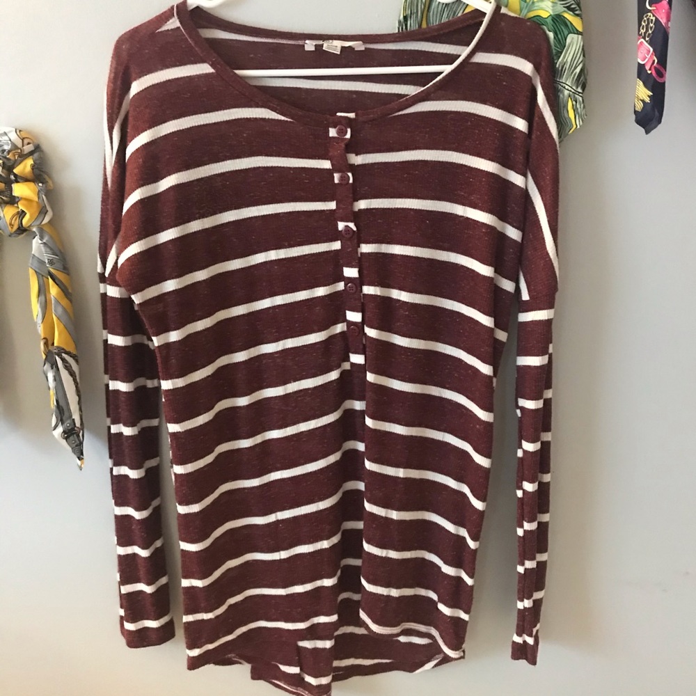 Maroon and white striped half button top